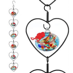 Flexible Stackable Blue Hand Blown Glass Heart-Shaped Hummingbird Feeder with 6 Adjustable Perch for Outdoors Hanging