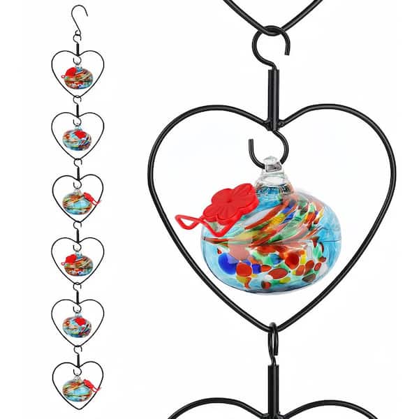 Flexible Stackable Blue Hand Blown Glass Heart-Shaped Hummingbird Feeder with 6 Adjustable Perch for Outdoors Hanging