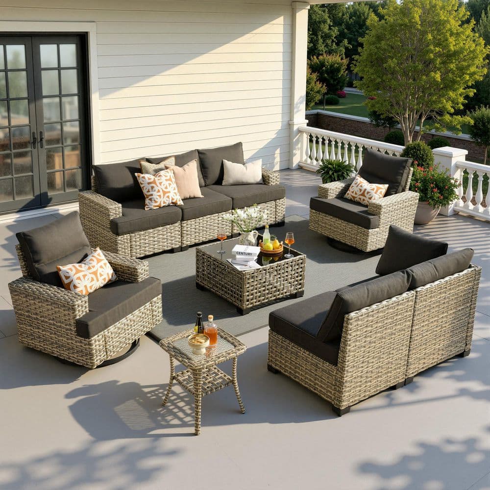 Merritt 9-Piece Wicker Outdoor Patio Conversation Sectional Sofa Set with Swivel Chairs and Black Cushions price history on PriceWatchPro