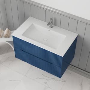 31 in. W x 18 in. D x 20 in. H Wall Mounted Floating Bath PVC Vanity Cabinet in Navy Blue with White Basin and Sink