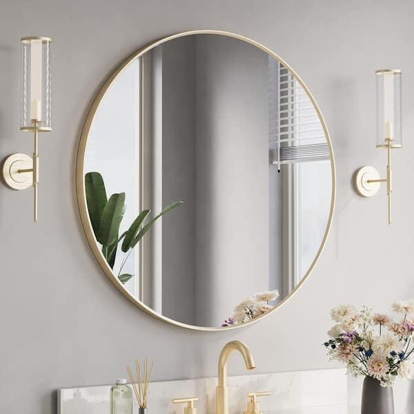 Eoviamne 32 in. W x 32 in. H Round Aluminum Framed Wall-Mounted Bathroom Vanity Mirror in Brushed Gold Large Decor Circle Mirror