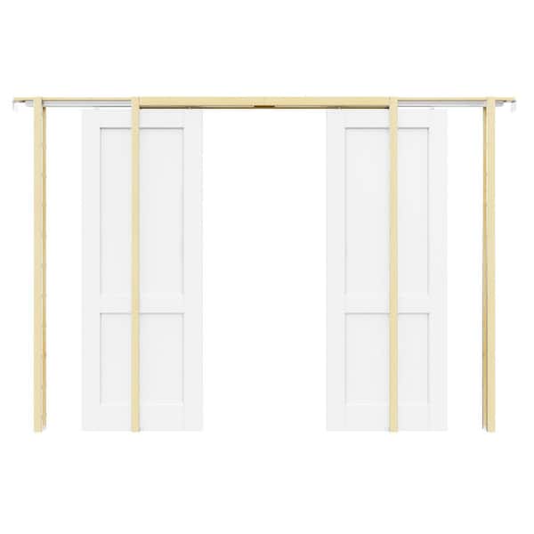 64 in. x 80 in. 2-Panel White Primed Solid Core Door Slab with Wood Pocket Door Frame and Hardware (Soft Close Included)