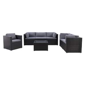 Parksville Black with Ash Grey Cushions 7-Piece Rattan Patio Sofa Sectional Set