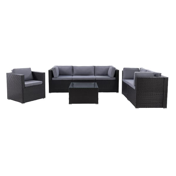 CorLiving Parksville Black with Ash Grey Cushions 7-Piece Rattan Patio Sofa Sectional Set