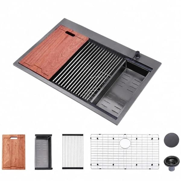 33 in. Drop-In Single Bowl 18 Gauge Gunmetal Black Stainless Steel Workstation Sink with Cutting Board
