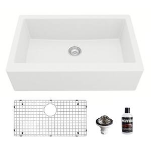 QA-740 Quartz/Granite 34 in. Single Bowl Farmhouse/Apron Front Kitchen Sink in White with Bottom Grid and Strainer