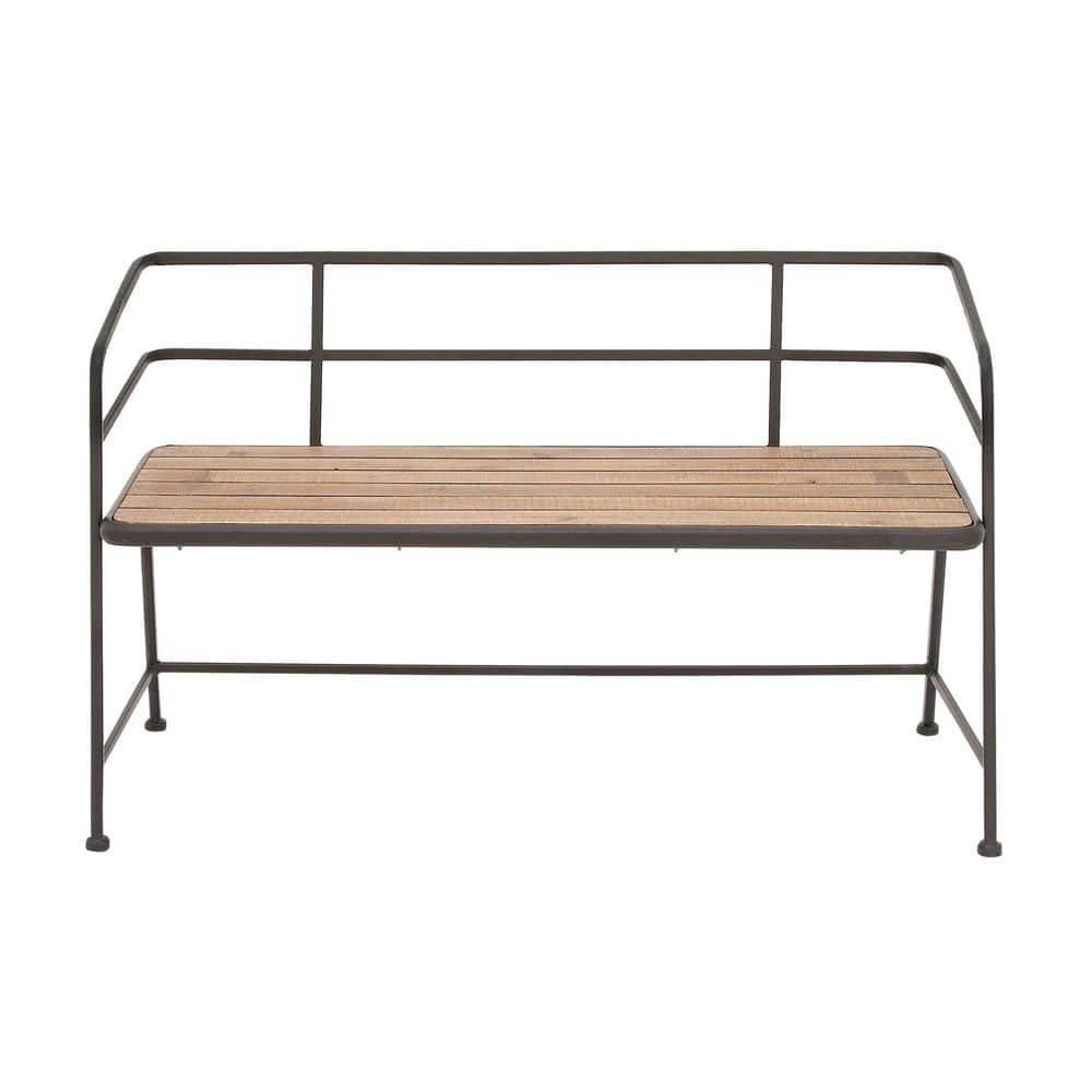 Industrial Black Metal and Brown Wood Slat Bench