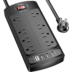 6 ft. Power Cord, Black Surge Protector Power Strip - Flat Plug Extension Cord with 8 Outlets and 4 USB Ports