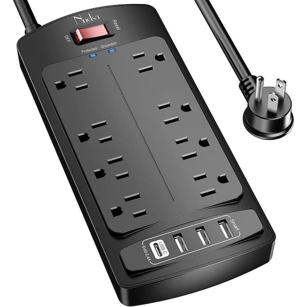 Etokfoks 6 ft. Power Cord, Black Surge Protector Power Strip - Flat Plug Extension Cord with 8 Outlets and 4 USB Ports