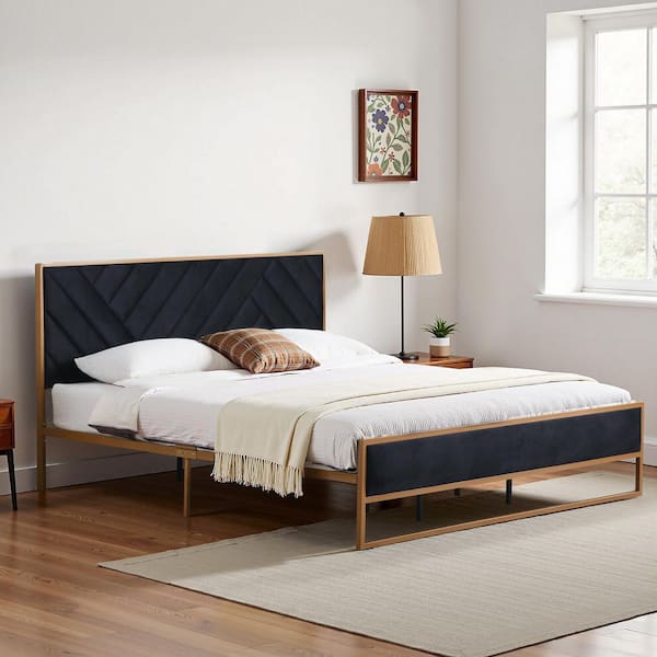 Black Frame King Size Velvet Platform Bed with 10 in. Under Bed Storage Supported by Metal and Wooden Slats