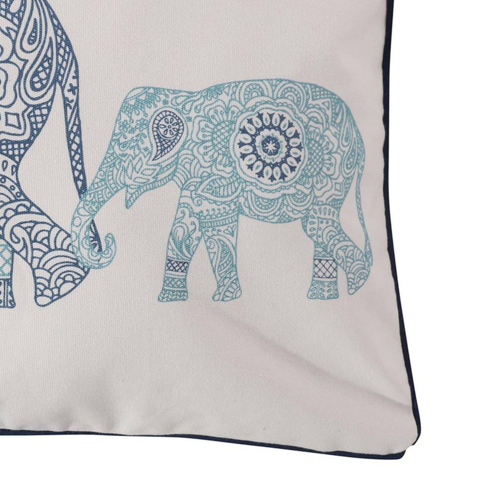 White and Blue Cotton Elephant Pattern Rectangular Throw Pillow