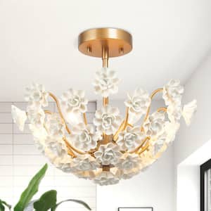 Modern Round Ceiling Light Nova 3-Light Gold Semi-Flush Mount with White Porcelain Blooms