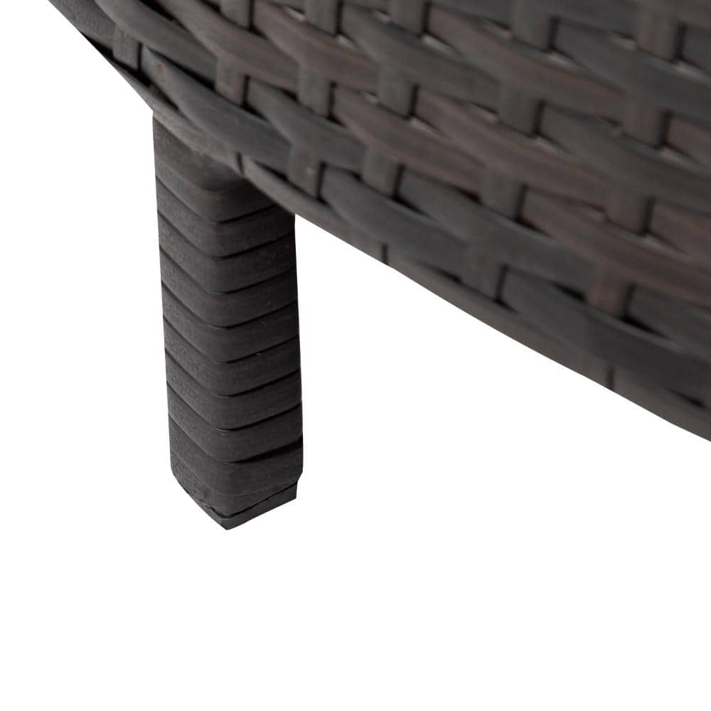 Close-up of a wicker-wrapped leg of the patio furniture.