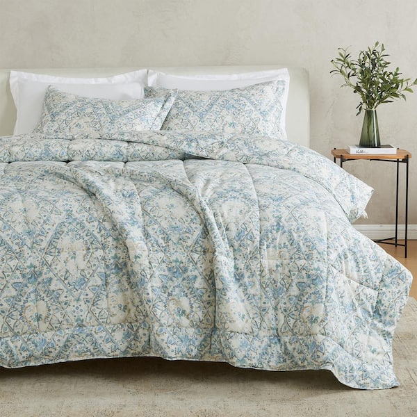 FRESHFOLDS Green 3 Piece Vintage Floral Reversible Down Alternative Full / Queen Microfiber Comforter Set