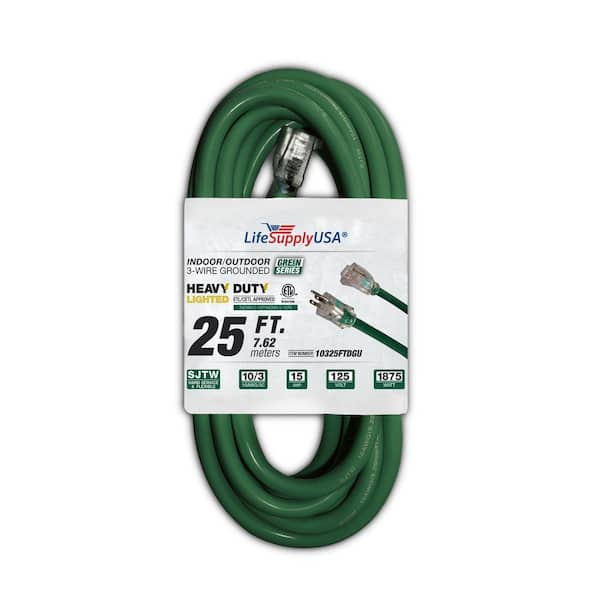 LifeSupplyUSA 25 ft. 10-Gauge/3 Conductors SJTW Indoor/Outdoor Extension Cord with Lighted End Green (1-Pack)