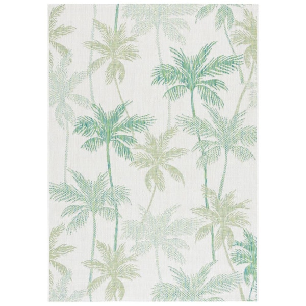 Courtyard Ivory/Green 5 ft. x 8 ft. Botanical Palm Leaf Indoor/Outdoor Area Rug
