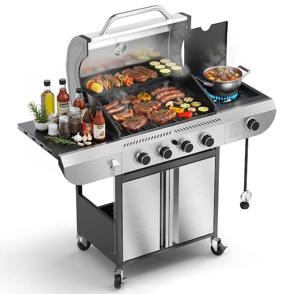 4-Burner Propane Gas Grill with Side Burner Portable Stainless Steel BBQ Outdoor Stovetop, 42,000 BTU