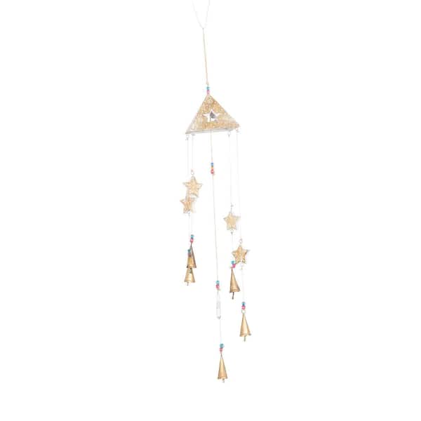 32 in. Gold Mango Wood Star Windchime with Glass Beads and Cone Bells