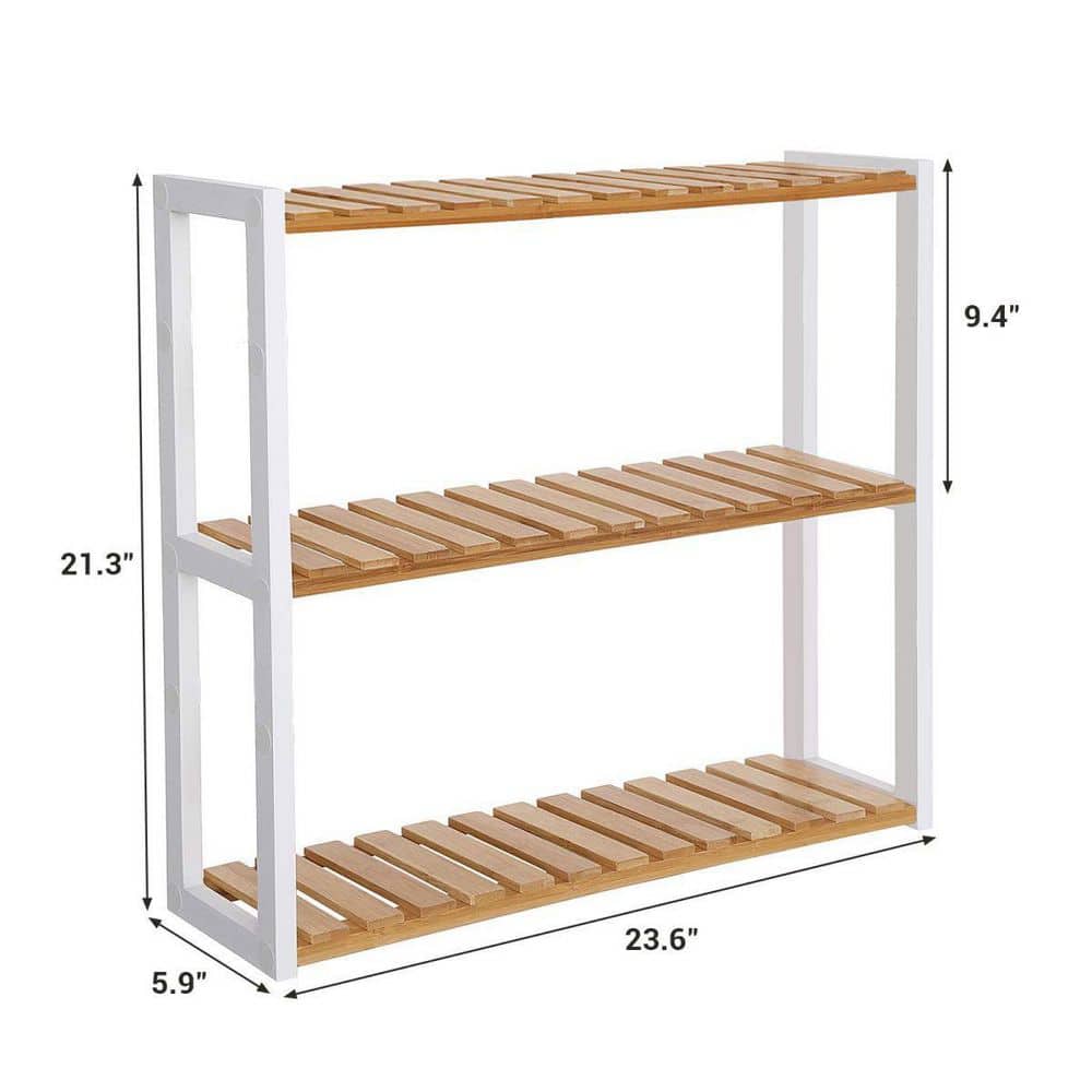 Natural Bamboo and White Adjustable 3-Tier Utility Shelf