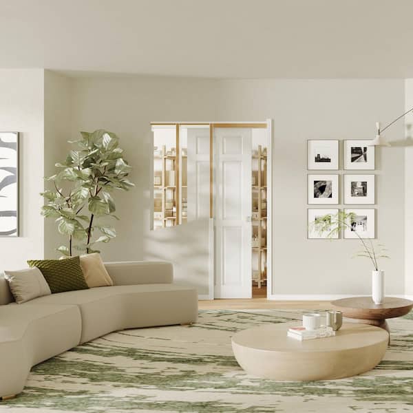 32 in. x 80 in. 6-Panel Hollow Core White Primed Pine Wood Sliding Pocket Door with Lock, Soft Close and Frame Kit Set