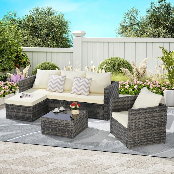 Unbranded Gray 3-Piece Seat 6-Wicker Woven Corner Outdoor Conversation Sectional Sofa Set with Coffee Table and Beige Cushions