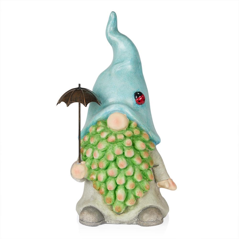 Alpine Corporation Gnome with Turquoise Hat Holding Silver Umbrella