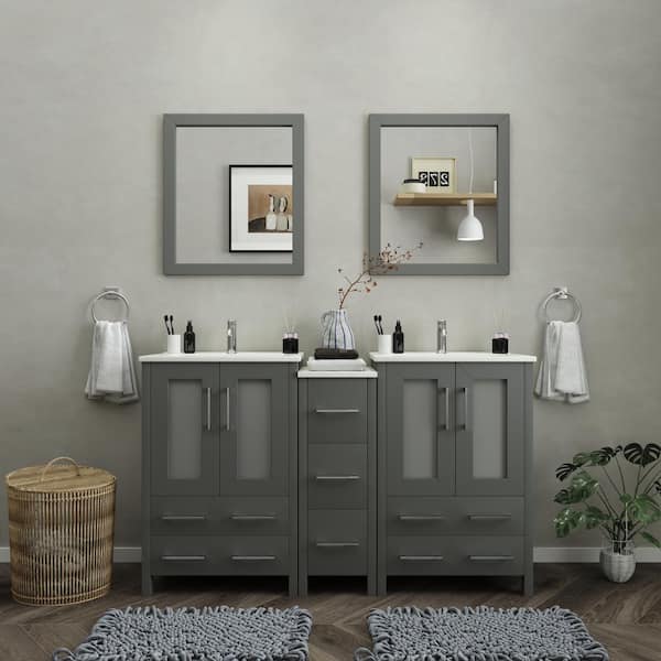 Vanity Art Brescia 60 in. W x 18.1 in. D x 35.8 in. H Double Basin Bathroom Vanity in Grey with Top in White Ceramic and Mirror