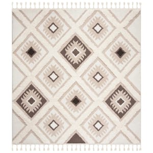 Moroccan Tassel Shag Ivory/Brown 7 ft. x 7 ft. Square Geometric Area Rug