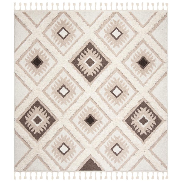 SAFAVIEH Moroccan Tassel Shag Ivory/Brown 7 ft. x 7 ft. Square Geometric Area Rug