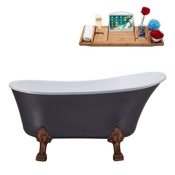 Streamline 55 in. x 26.8 in. Acrylic Clawfoot Soaking Bathtub in Matte Grey with Matte Oil Rubbed Bronze Clawfeet and Pink Drain