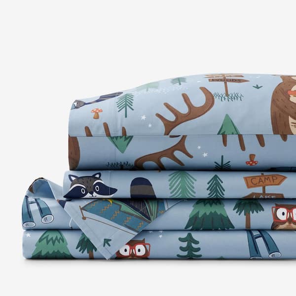 The Company Store Company Kids Animal Campers Blue Multi Organic Cotton Percale Queen Sheet Set