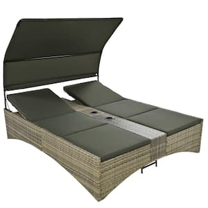 Green Wicker Outdoor Day Bed with Grey Cushions and Shelter Roof