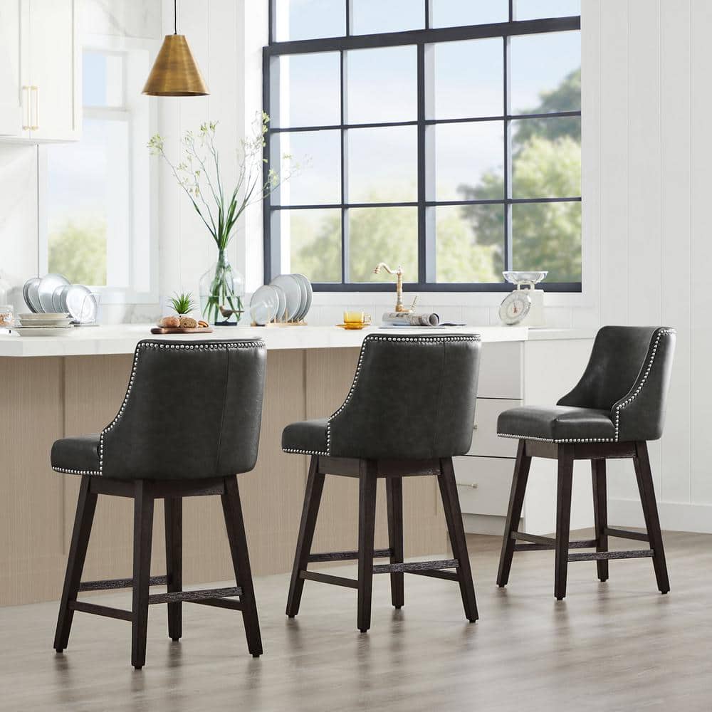 Fog Gray Fabric Swivel Counter Height Bar Stools with Nailhead Trim, Set of 2
