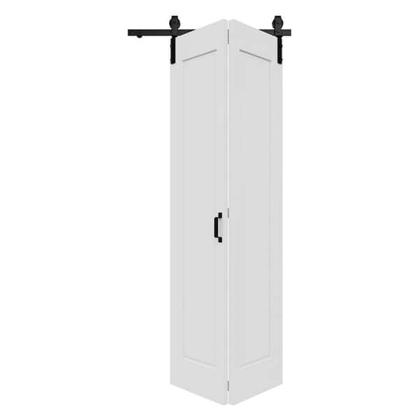 36 in. x 84 in. Paneled 1-Lite White Primed Hollow Core MDF Composite Bi-fold Door with Bifold Barn Door Hardware