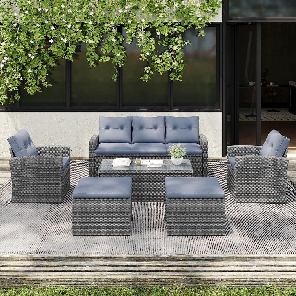 6-Pieces Patio Furniture Sets, All Weather Wicker Outdoor Conversation Sect