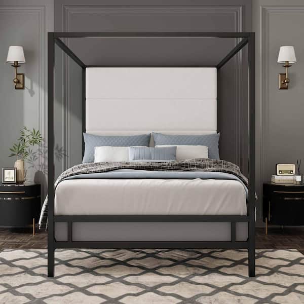 Black/White Wood Frame King Canopy Bed with Tall Linen Upholstered Headboard, Metal 4-Poster Bed Frame