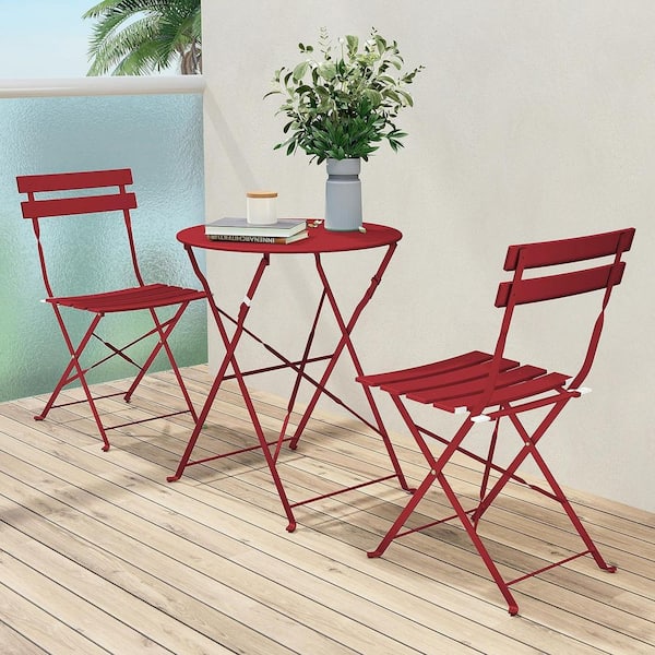 3-Piece Industrial Folding Bistro Set : Cross-Legged Round Table + Dual Slatted Seat Chairs-Red