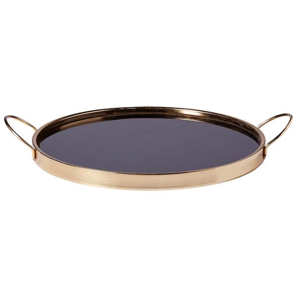 Unbranded Black and Gold Round Metal Serving Tray with Handles