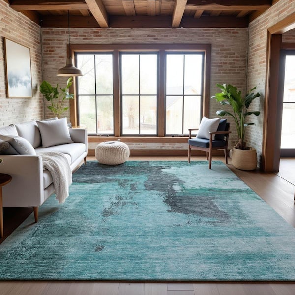 Mayfield Premium Machine Washable Abstract AMF1068 Teal 5 ft. x 7 ft. 6 in. Area Rug