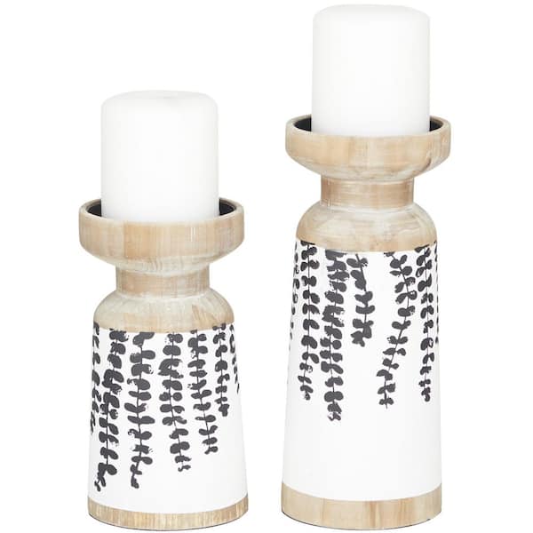 Litton Lane Brown Wood Leaf Drooping Vine Pillar Candle Holder (Set of 2)