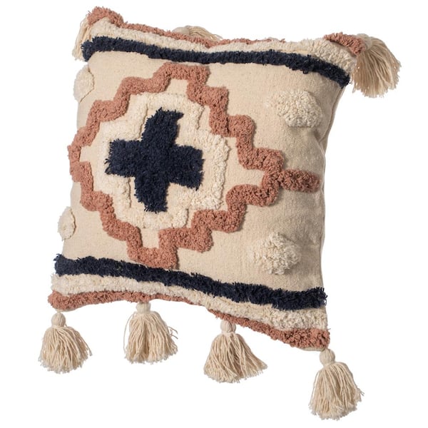 DEERLUX 16 in. x 16 in. Multicolor Handwoven Cotton Throw Pillow Cover with Tufted Border Pattern and Side Tassels