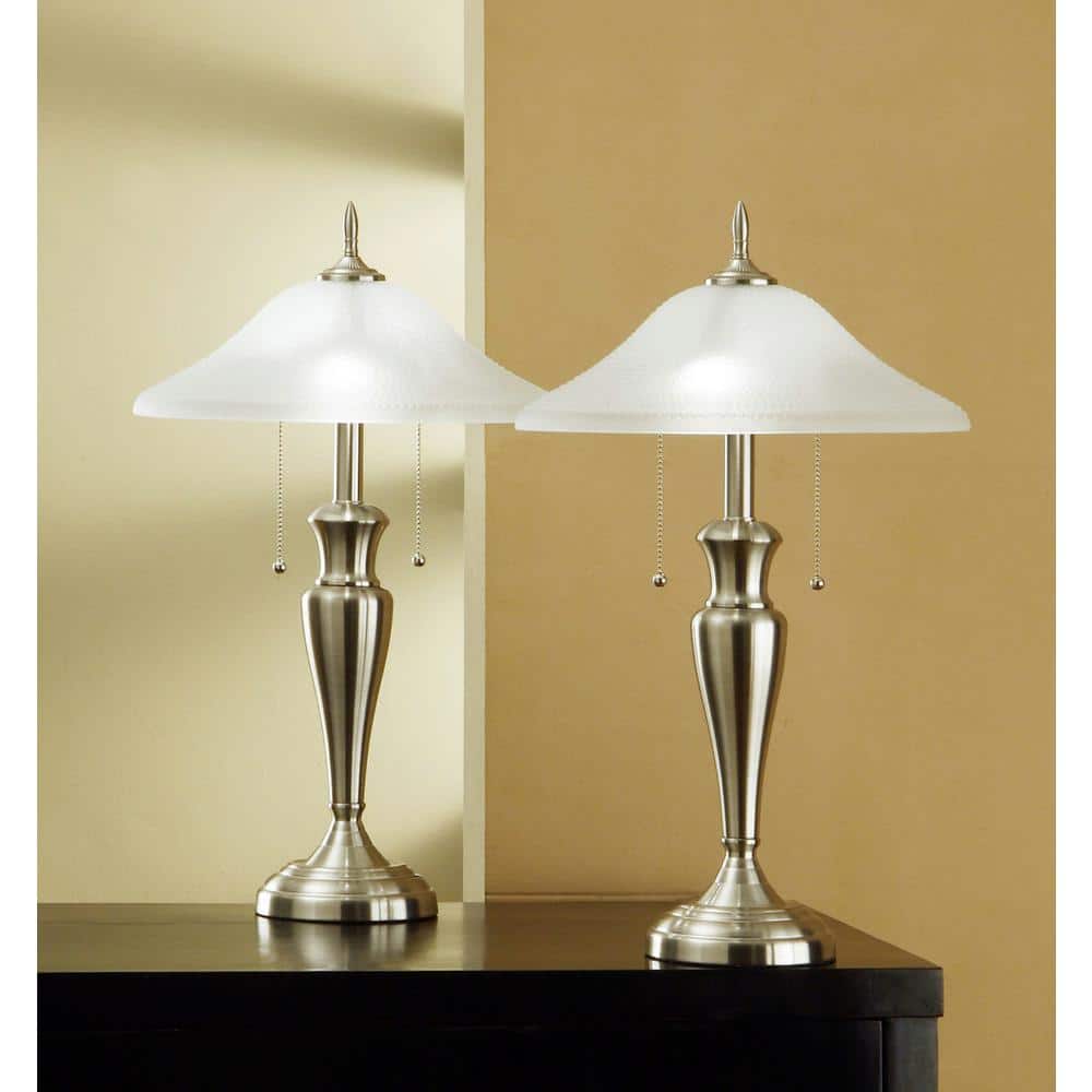 24-Inch Brushed Steel Table Lamps with Glass Shades Set