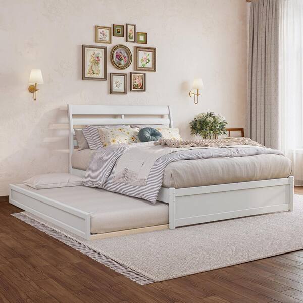 AFI Emelie White Solid Wood Frame Full Platform Bed with Panel Footboard and Twin Trundle