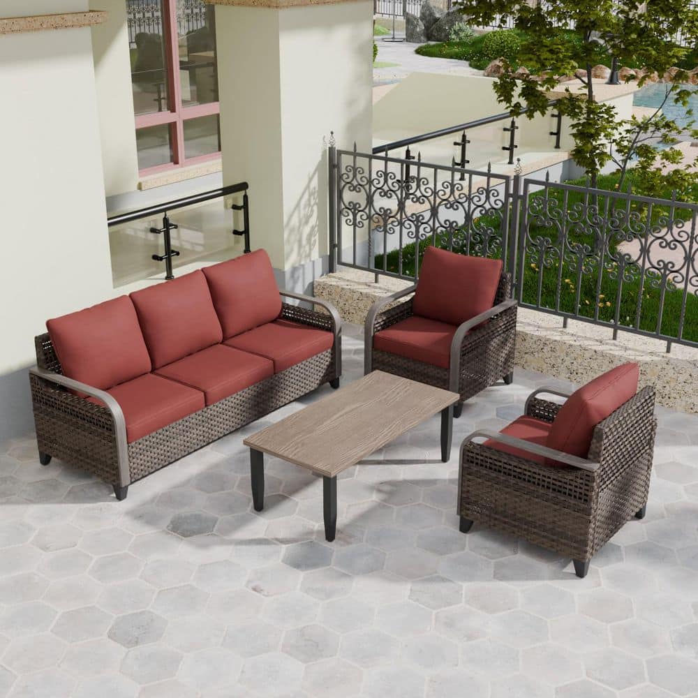 4-Piece Brown Wicker Outdoor Patio Conversation Set 3-Seat Sofa, Lounge Chairs with Red Cushions and Coffee Table price history on PriceWatchPro