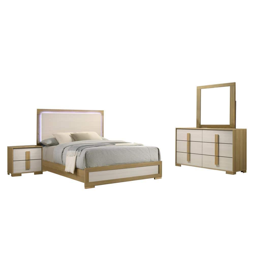 Alissa 4-Piece Natural-White Color Wood Frame Queen Panel Bedroom Set