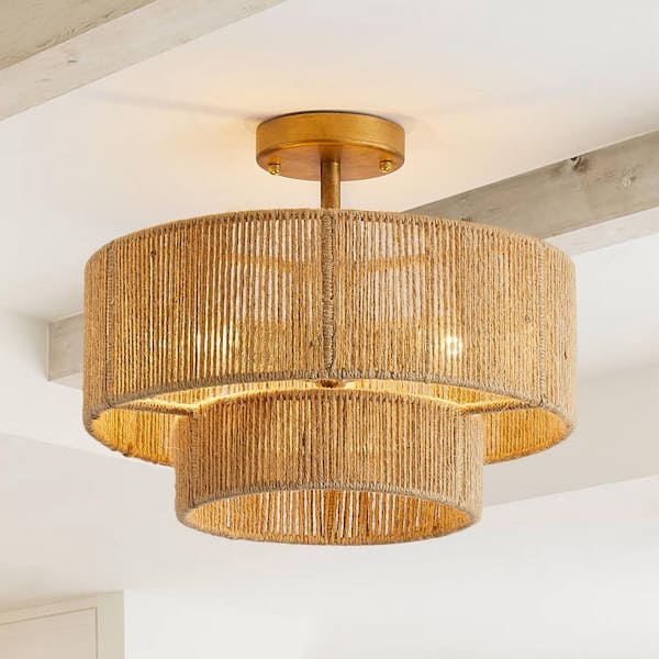 Flint Garden 15.4 3-Light Shade - Natural Antique Flush Home Drum Rope FGBBW9513-3110VFG The 2-Tier Depot Gold Bohemian Jute with Mount Semi- in