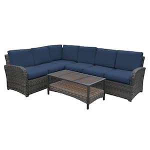 Jackson 5-Piece Wicker Outdoor Sectional with Sunbrella Navy Cushions