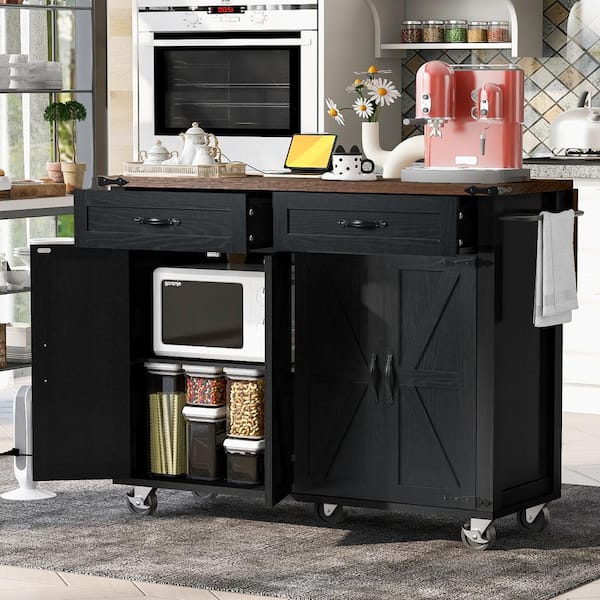 Unbranded Wood Grain Countertop Black MDF 53.5 in. Farmhouse Kitchen Island with Power Outlet and Drop Leaf