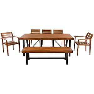 Natural 7-Piece Acacia Wood Outdoor Dining Set with Beige Cushions and Bench