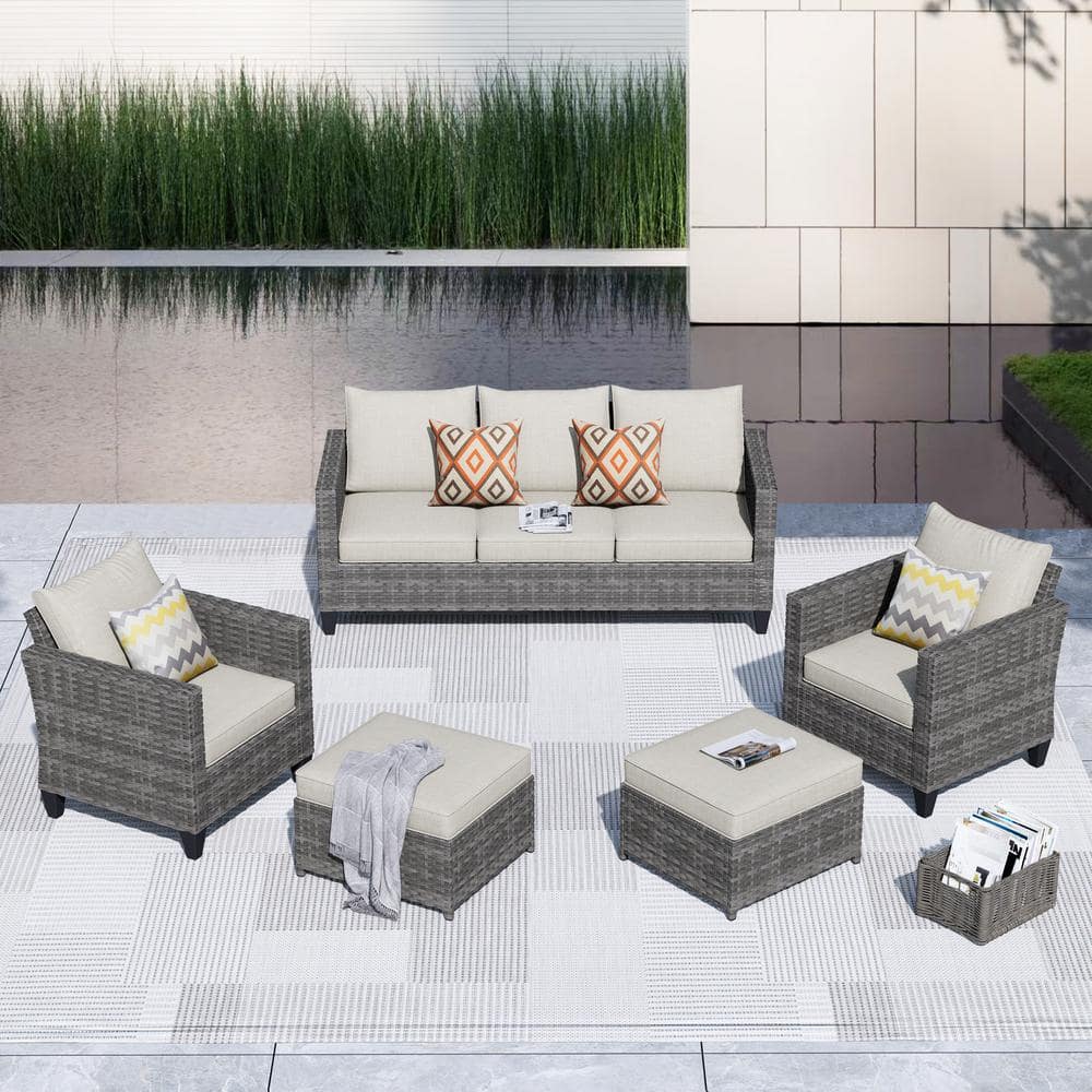 Victoria Gray 5-Piece Wicker Outdoor Patio Conversation Seating Sofa Set with Beige Cushions price history on PriceWatchPro